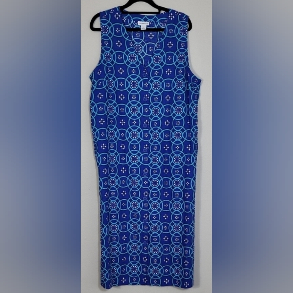 Liz Claiborne Button Front Maxi Dress Size L Blue Sleevless Linen Coastal